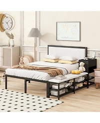 Streamdale Furniture Metal Platform Bed with Two-Tier Storage Shelves, Wooden Cabinet