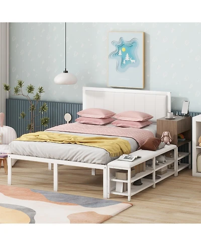 Streamdale Furniture Metal Platform Bed with Two-Tier Storage Shelves, Wooden Cabinet