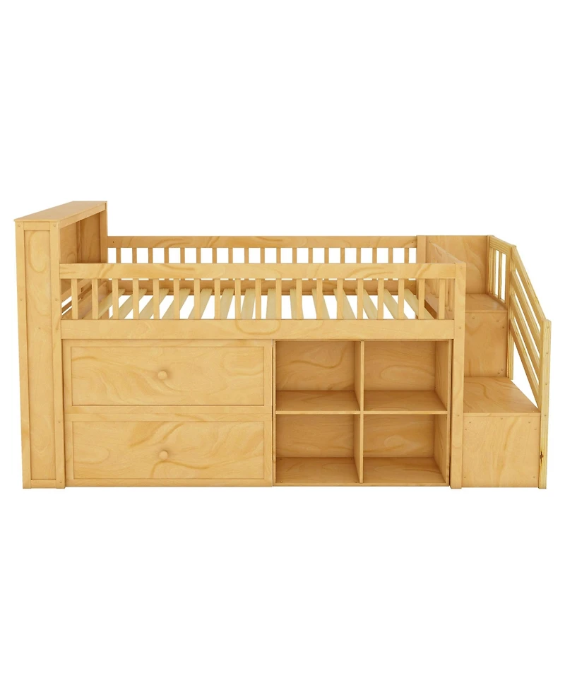 Streamdale Furniture Twin Loft Bed Wood (NaturalStreamdale Furniture Twin Loft Bed Wood (Natural Finish) Led, Bookshelf, Stairs, Drawers, Shelves Bed