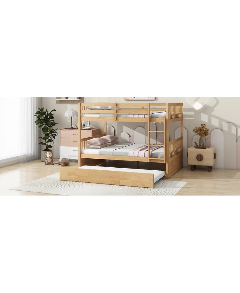 Streamdale Furniture Rubber Wood Full/Full Bunk Bed with Trundle and Guardrails, Convertible to 2 Beds