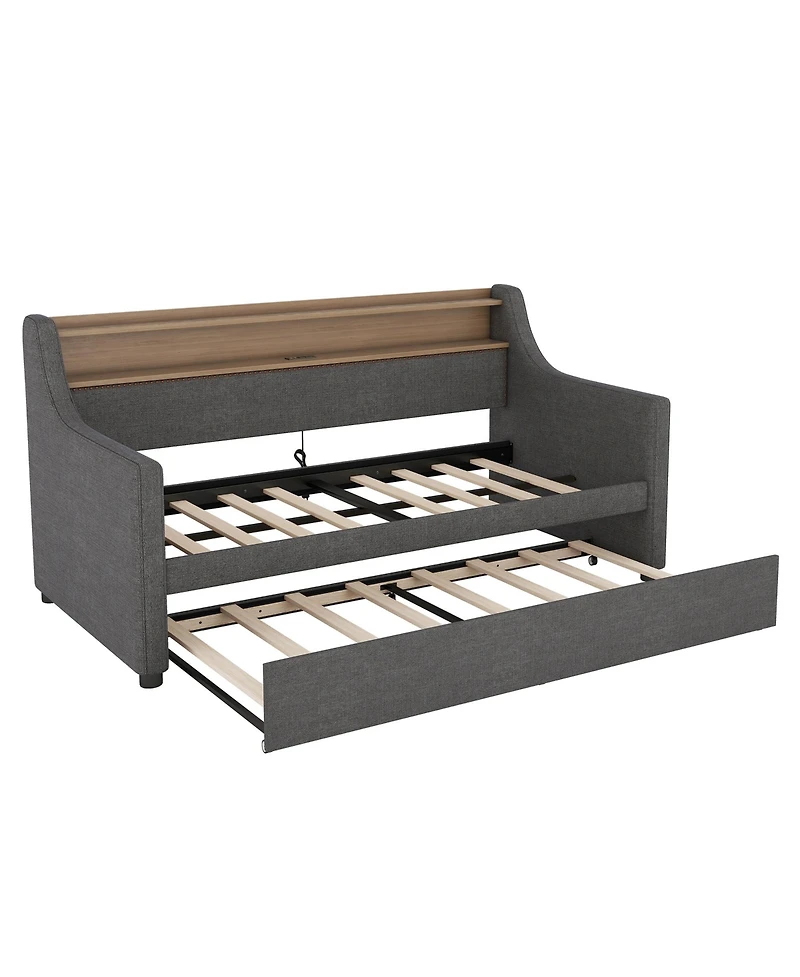 Streamdale Furniture Twin Size Daybed with Trundle Bed, Upholstered Daybed with Charging Station and Led Lights