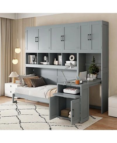 Streamdale Furniture Twin Size Murphy Bed Wall Bed with Closet, Drawers & Desk-Gray