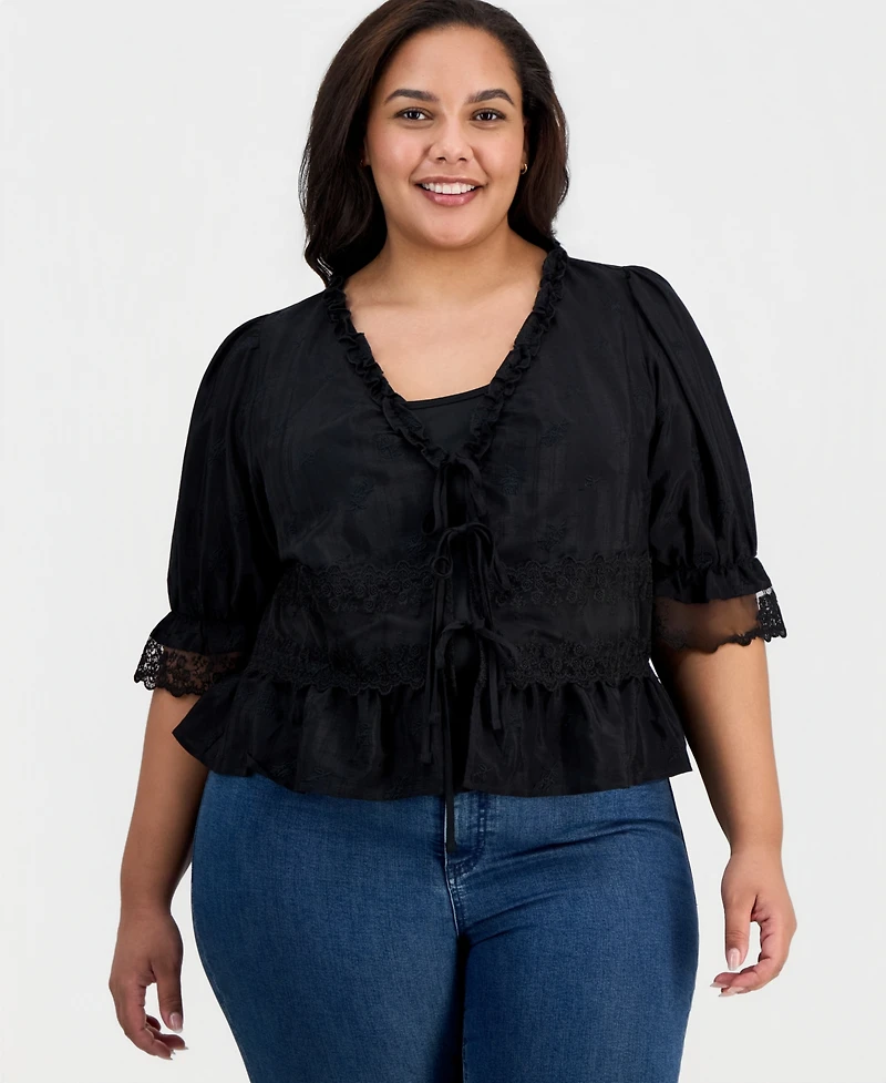 And Now This Trendy Plus Embroidered Mesh-Inset Tie-Front Top, Macy's Exclusive