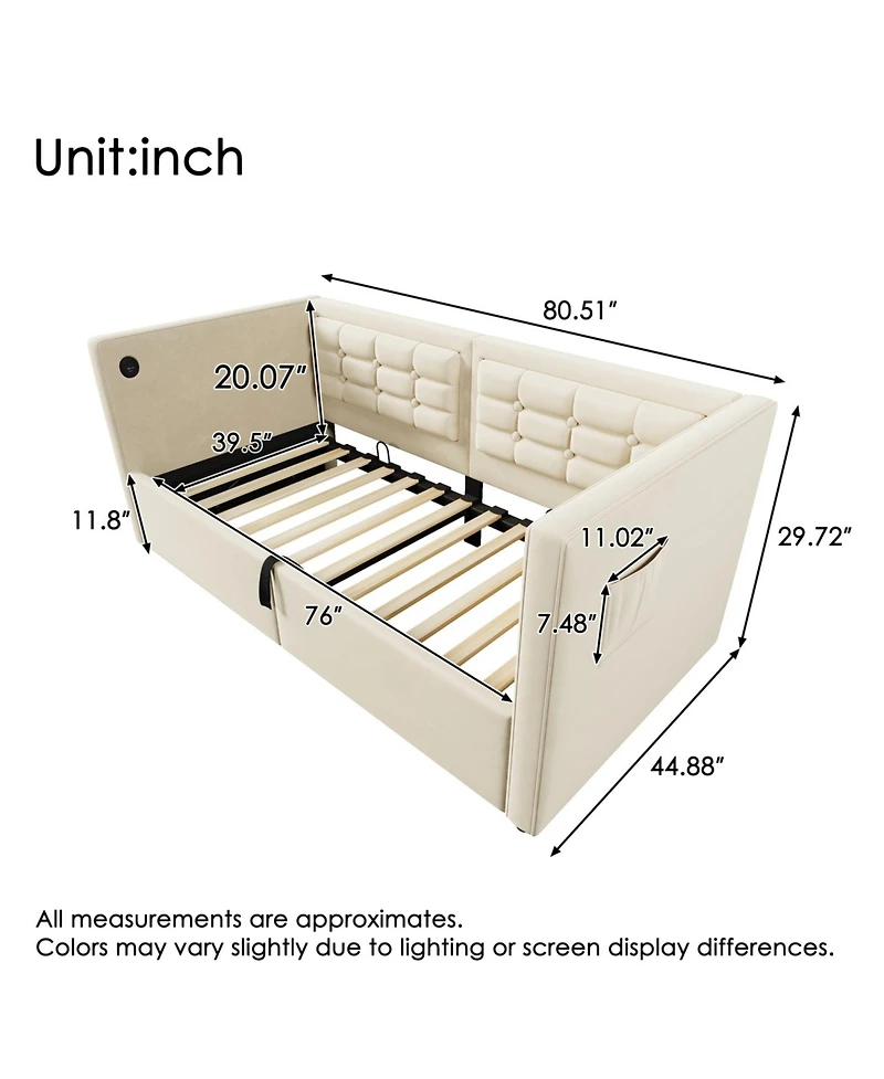Streamdale Furniture Upholstered Twin Daybed with Hydraulic Storage, Usb Charging, Tufted Back, Beige Velvet