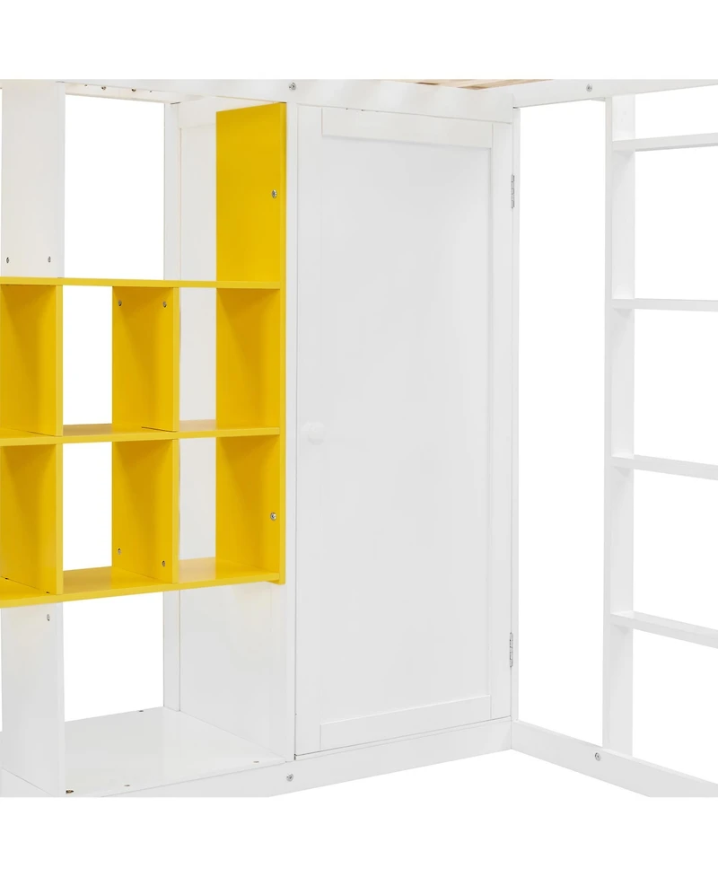 Streamdale Furniture Twin Size Wood Loft Bed with Wardrobe, shelves and Cabinet