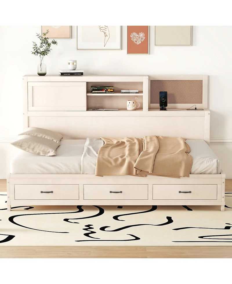 Streamdale Furniture White Wooden Daybed with 3 Storage Drawers, Shelf & Usb Ports