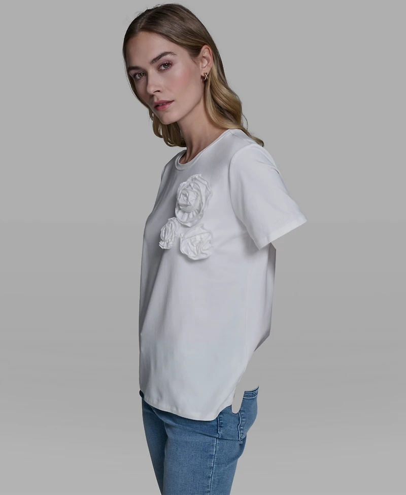 Karl Lagerfeld Paris Women's Rose Trim Knit Crewneck Top