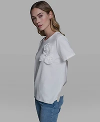 Karl Lagerfeld Paris Women's Rose Trim Knit Crewneck Top