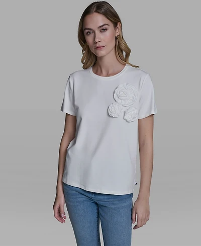 Karl Lagerfeld Paris Women's Rose Trim Knit Crewneck Top
