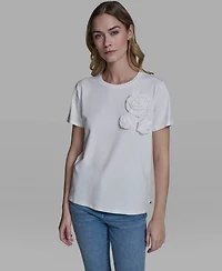 Karl Lagerfeld Paris Women's Rose Trim Knit Crewneck Top