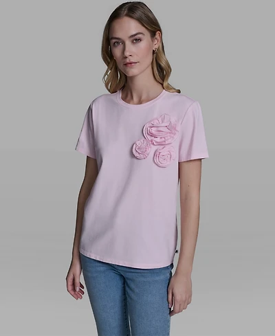 Karl Lagerfeld Paris Women's Rose Trim Knit Crewneck Top