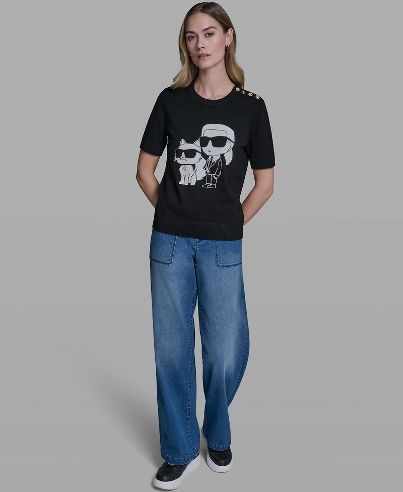 Karl Lagerfeld Paris Women's and Choupette Crewneck Graphic Sweater