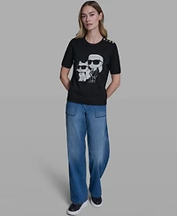 Karl Lagerfeld Paris Women's and Choupette Crewneck Graphic Sweater