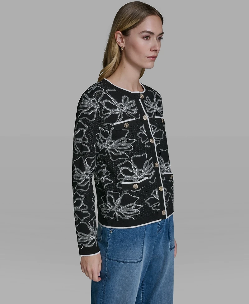 Karl Lagerfeld Paris Women's Flower Embroidered Cardigan Sweater