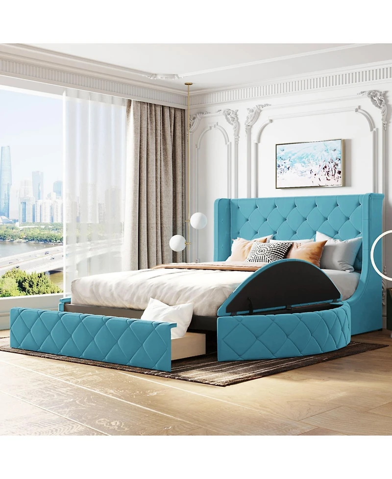 Streamdale Furniture Queen Upholstered Platform Bed w/ Wingback, Drawer & Stools