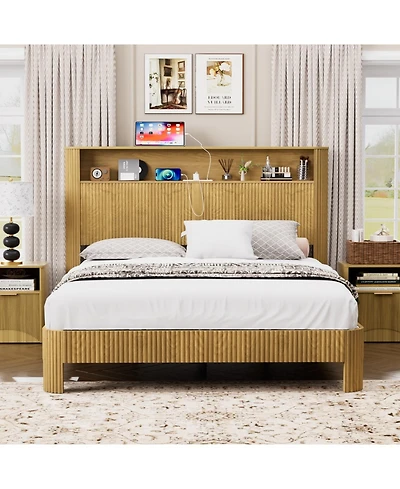 Streamdale Furniture Streamdale Queen Bed Frame- Storage Headboard, Charging Station, Natural