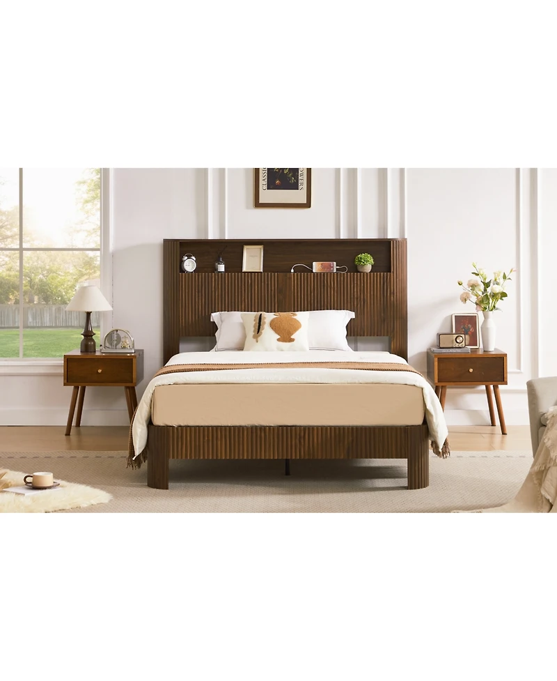 Streamdale Furniture Full Xl Bed Frame- Storage Headboard, Charging, Walnut