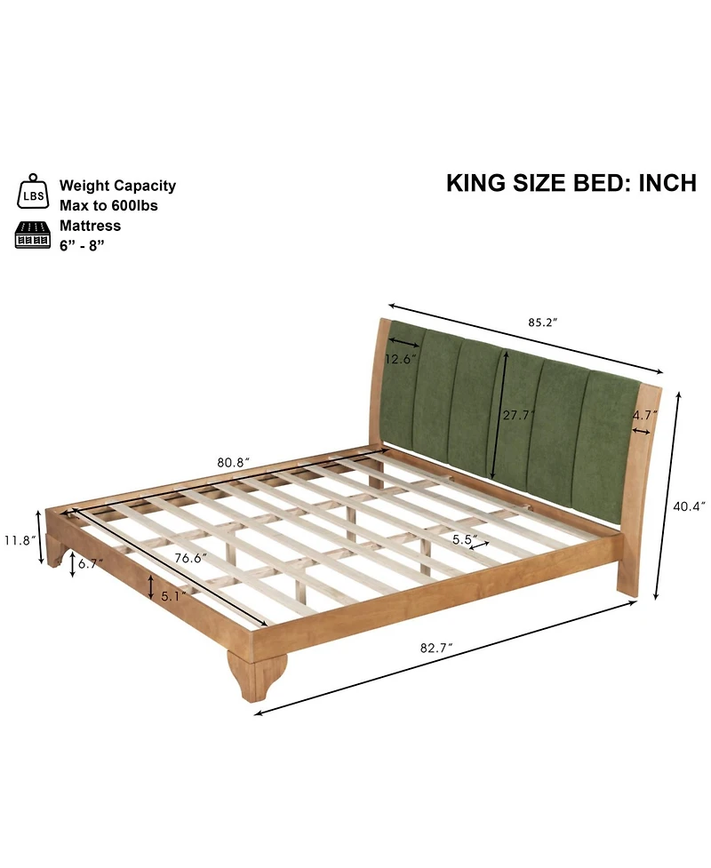 Streamdale Furniture Streamdale Premium Pine Wood King Bed Frame - Mid Century Modern, Natural & Green