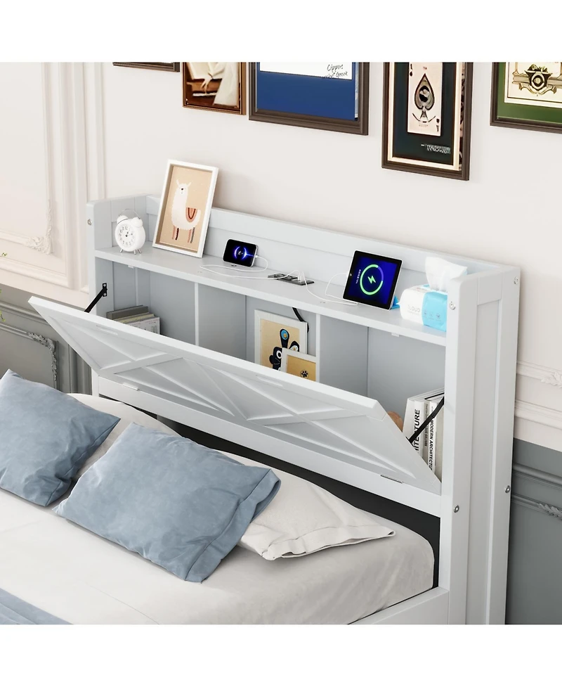 Full Size Wooden Storage Bed with Twin Trundle and Outlets