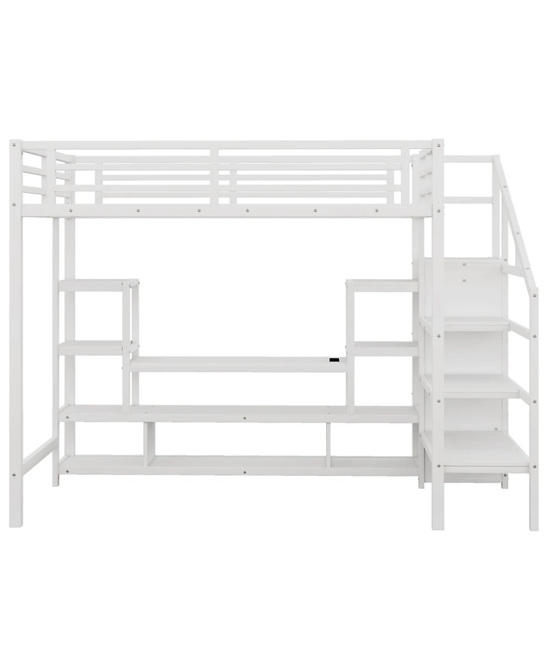Streamdale Furniture Full Size White Metal Loft Bed with Staircase & Wardrobe