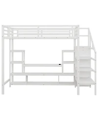 Streamdale Furniture Full Size White Metal Loft Bed with Staircase & Wardrobe