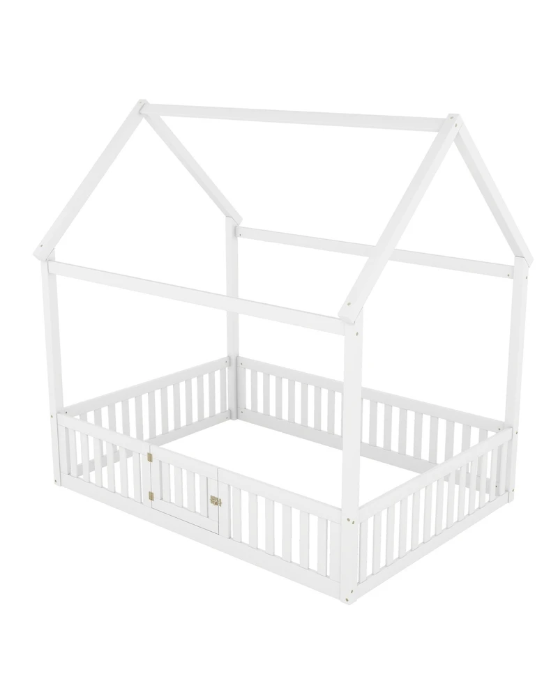 Streamdale Furniture Full Size Wood House Bed with Fence and Door