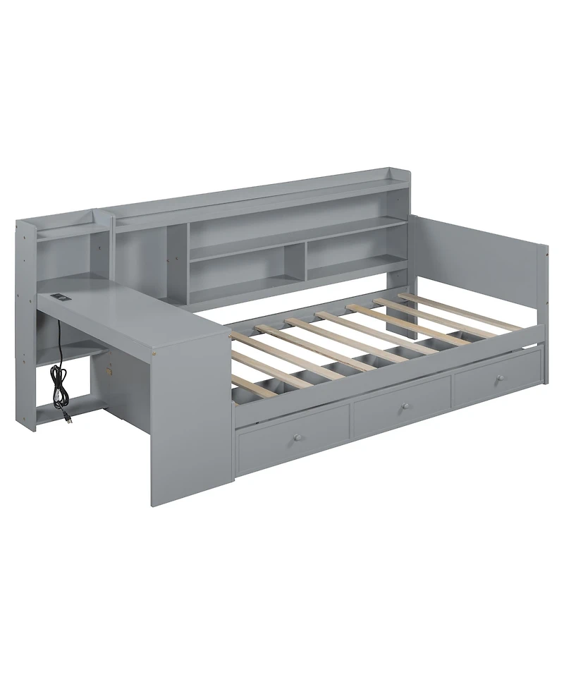 Streamdale Furniture Twin Size Wooden Daybed With 3 Drawers, Usb Ports and desk