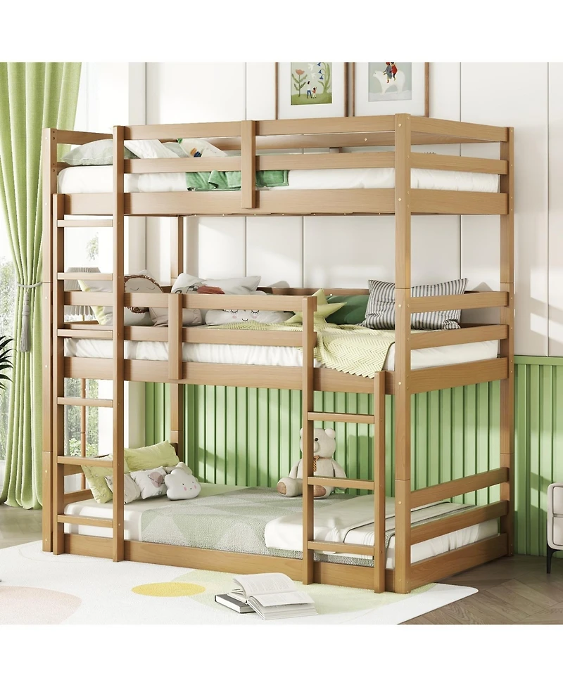 Streamdale Furniture Streamdale Triple Twin Oak Bunk Bed with Guardrails and Ladders