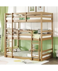 Streamdale Furniture Streamdale Triple Twin Oak Bunk Bed with Guardrails and Ladders