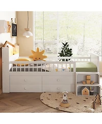 Streamdale Furniture Streamdale Low Loft Bed with Led Lights, Wooden Twin Loft Bed with House Shape Headboard, Kids Loft Bed with Storage Drawers