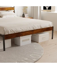 Streamdale Furniture Iron Platform Bed Frame with Rustic Wood Headboard & Footboard (Queen Size) - Brown