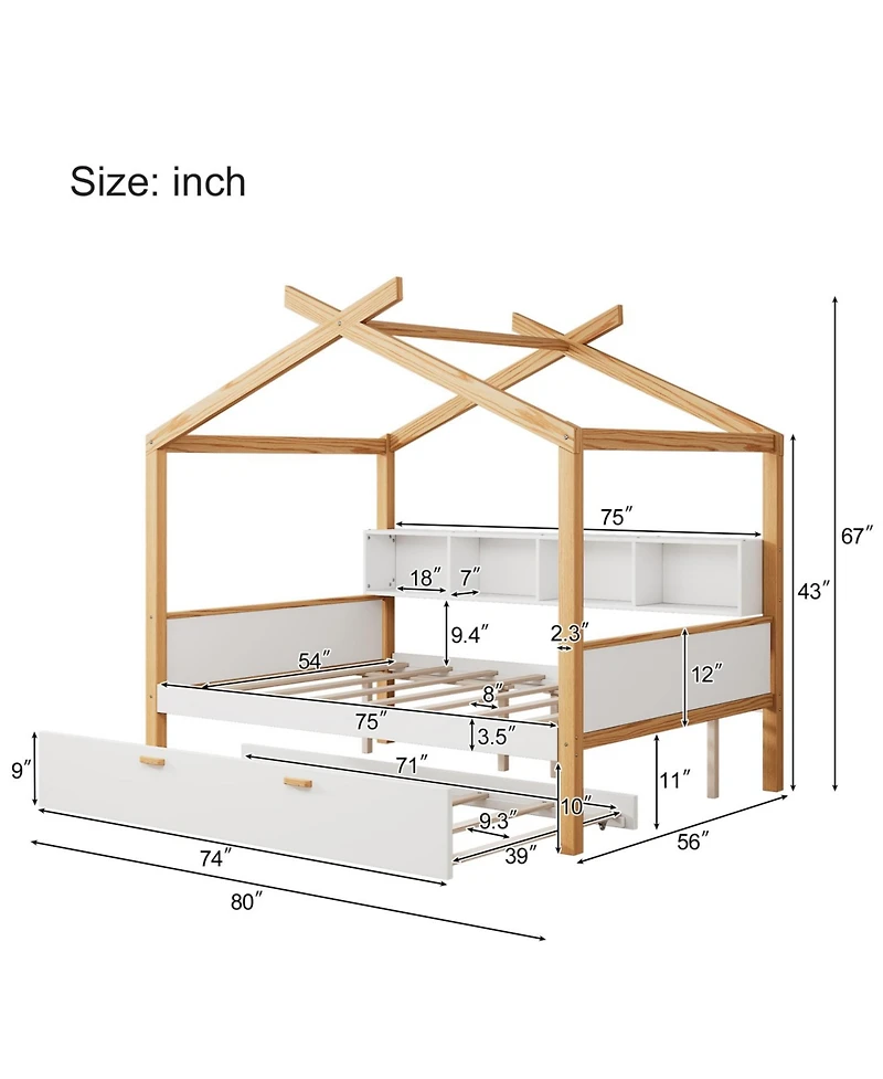 Streamdale Furniture Wooden House Bed with Trundle and Bookshelf