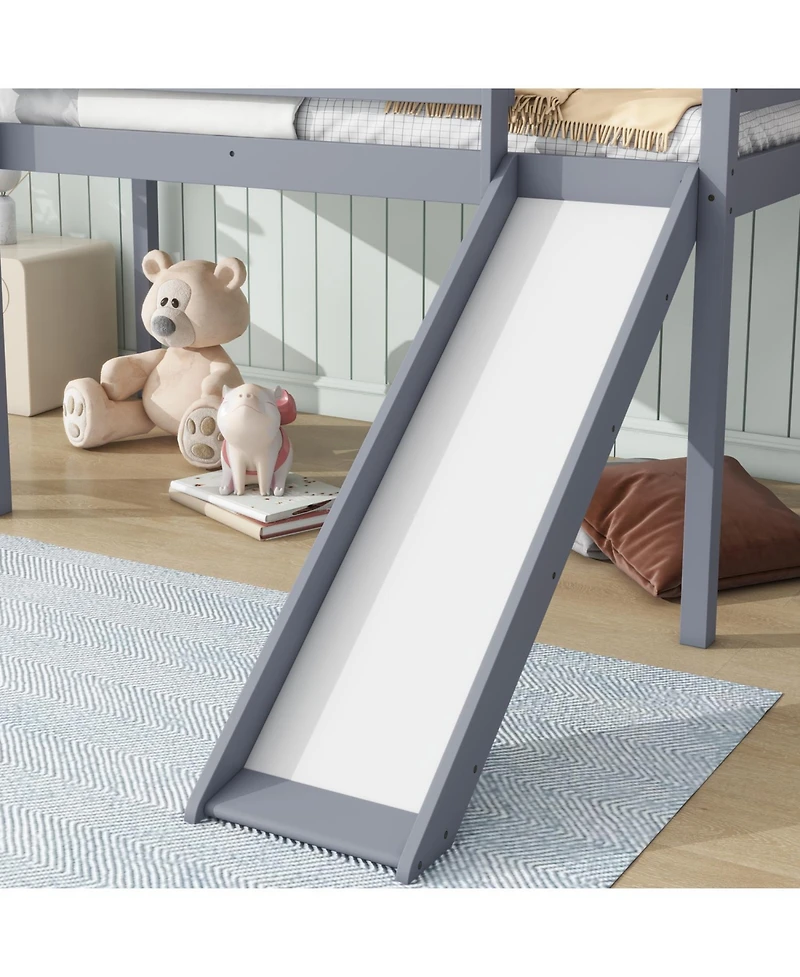 Streamdale Furniture Twin Low Loft Bed with Slide, Ladder, Safety Guardrails, Rubber Wood Twin Loft Bed