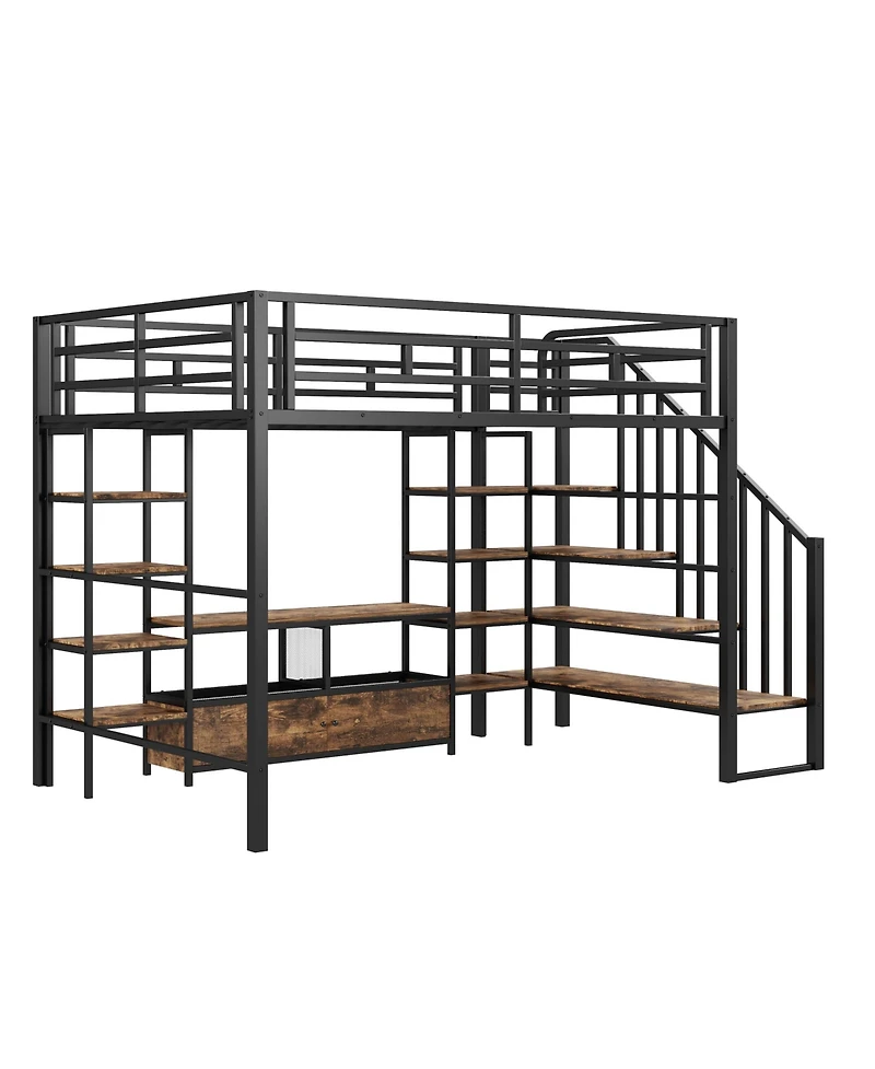 Streamdale Furniture Full Size Metal Loft Bed with Staircase,Low Storage Table and Storage