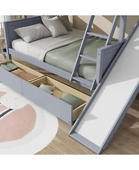 Streamdale Furniture Twin over Full Bunk Bed with 2 Drawers, Slide, Shelves, Ladder, Rubber Wood Bunk Bed with Slide, Drawers