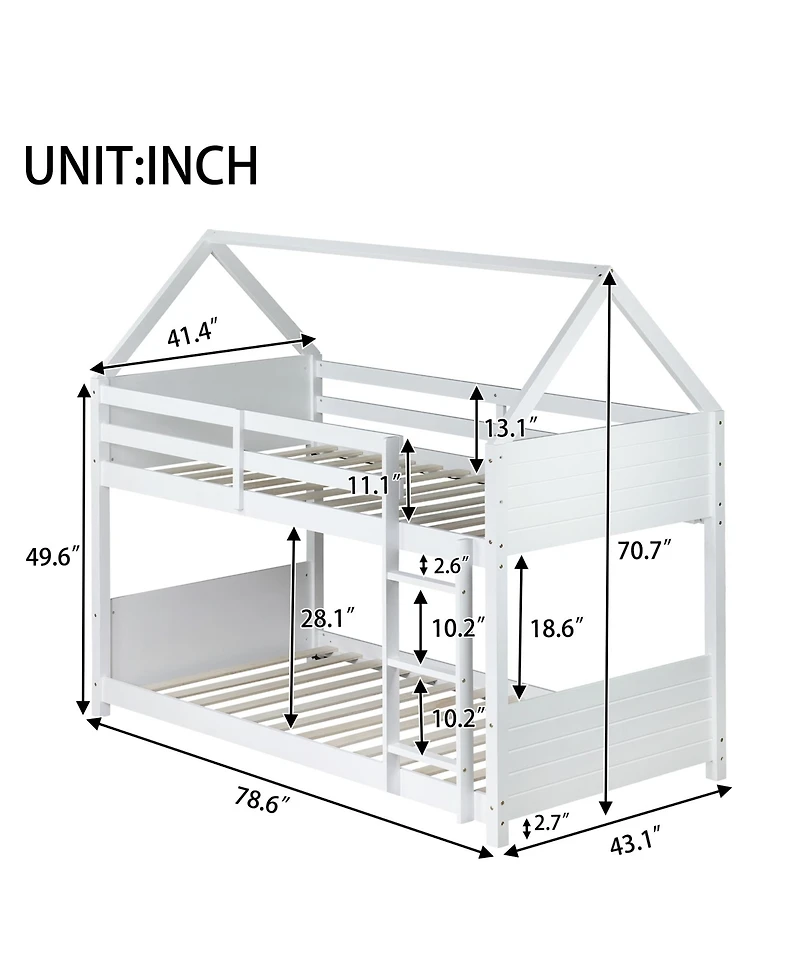 Streamdale Furniture White Twin Over Twin Bunk Bed with Ladder and Safety Rails