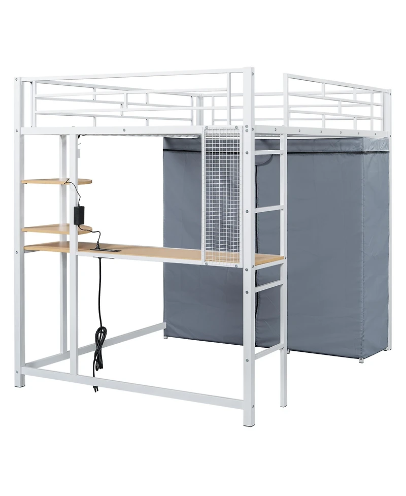 Streamdale Furniture Full Size Loft Metal Bed with Desk,Shelves,Power Outlet,Led Light and Wardrobe
