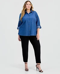 Jones New York Plus Roll-Tab-Sleeve Button-Front Cotton Denim Shirt