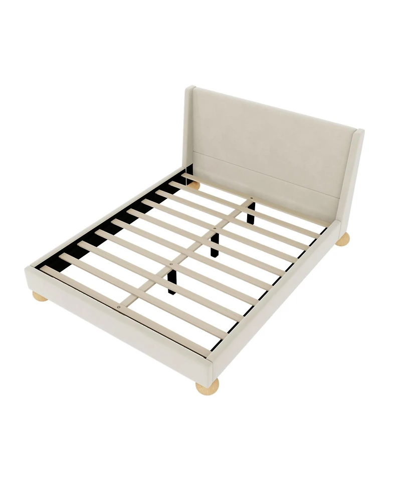 Streamdale Furniture + Queen Size + Velvet Upholstery + Wingback Headboard & Round Wooden Legs + Platform Bed