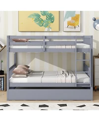 Streamdale Furniture Gray Rubber Wood Bunk Bed with Trundle, Ladder, Guardrails & Convertible to 2 Full Beds