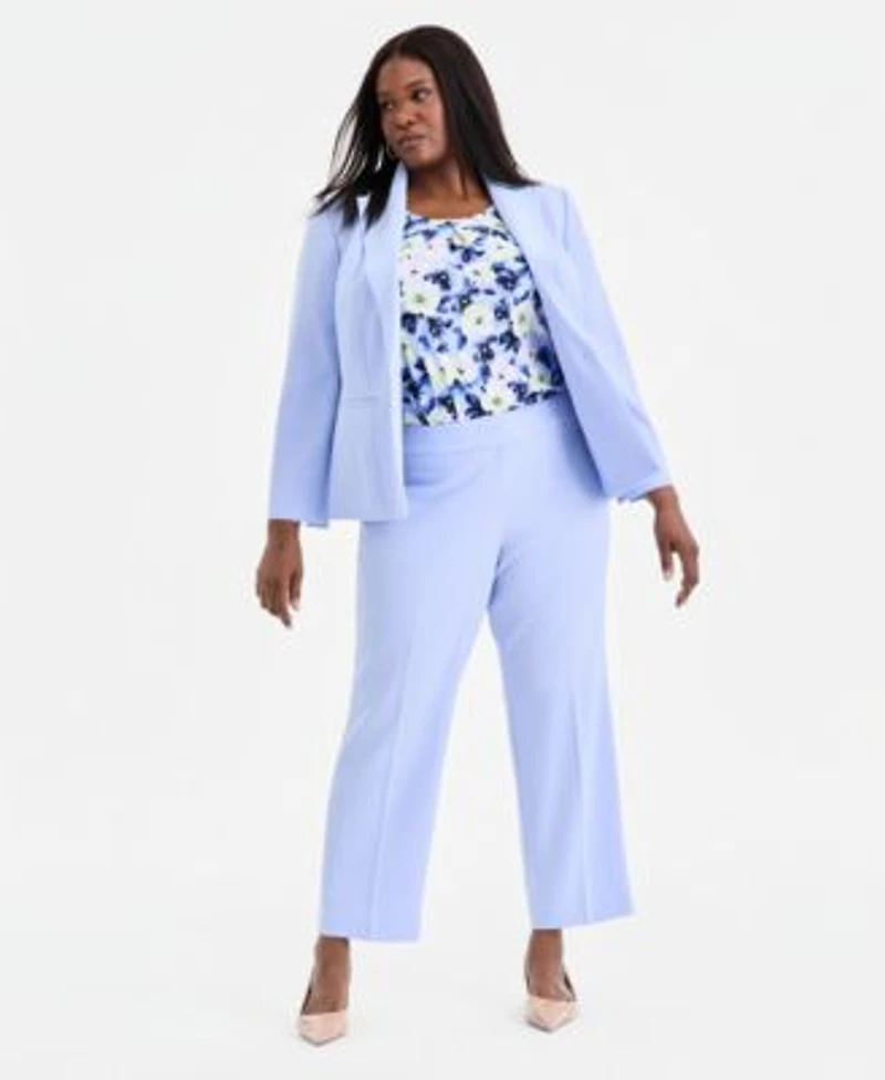 Kasper Plus Size Seamed Crepe One Button Blazer Pleat Neck Sleeveless Floral Top Stretch Crepe Flat Front Trousers
