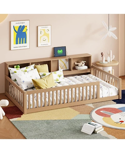 Streamdale Furniture Wood Twin Xl Floor Bed with Storage Cabinets and Usb Ports