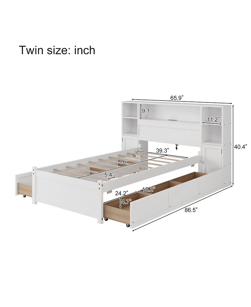 Streamdale Furniture Wood Storage Bed with Bookcase Headboard 6 Drawers Twin