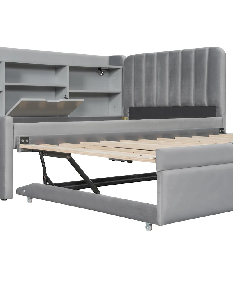 Streamdale Furniture Twin Size Upholstered Daybed with Trundle Storage Shelves Usb & Outlet