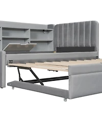 Streamdale Furniture Twin Size Upholstered Daybed with Trundle Storage Shelves Usb & Outlet