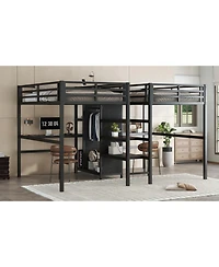 Streamdale Furniture Twin Metal Loft Bed with Desk Wardrobe & Shelves - Black