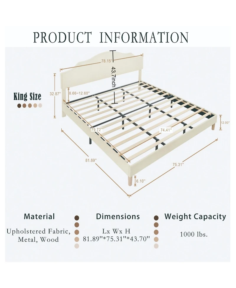 Streamdale Furniture King Upholstered Platform Bed with Adjustable Headboard Beige