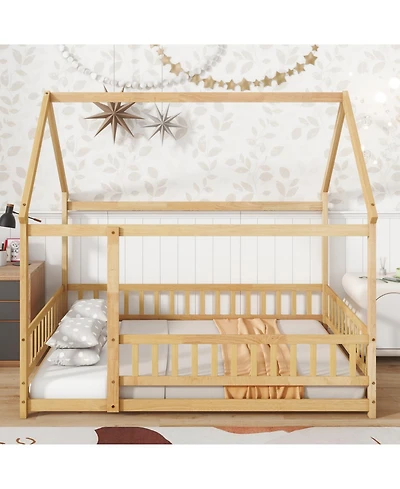 Streamdale Furniture Full Size House Floor Wooden Bed with Roof Frame Safety Guardrails Natural