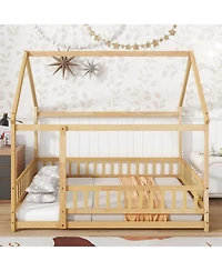 Streamdale Furniture Full Size House Floor Wooden Bed with Roof Frame Safety Guardrails Natural