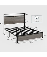 Streamdale Furniture Queen Wooden Platform Bed Frame Led Usb Storage Antique Grey
